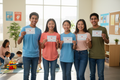Diverse group of teenage babysitters holding first aid certifications