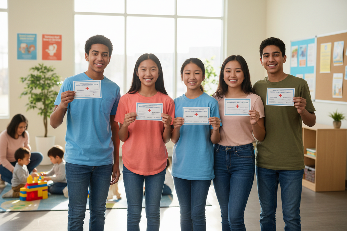Diverse group of teenage babysitters holding first aid certifications