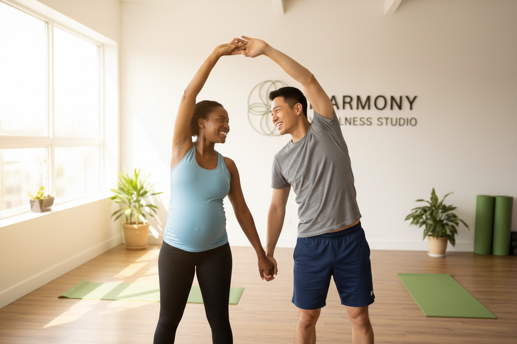 Multicultural couple prenatal workout