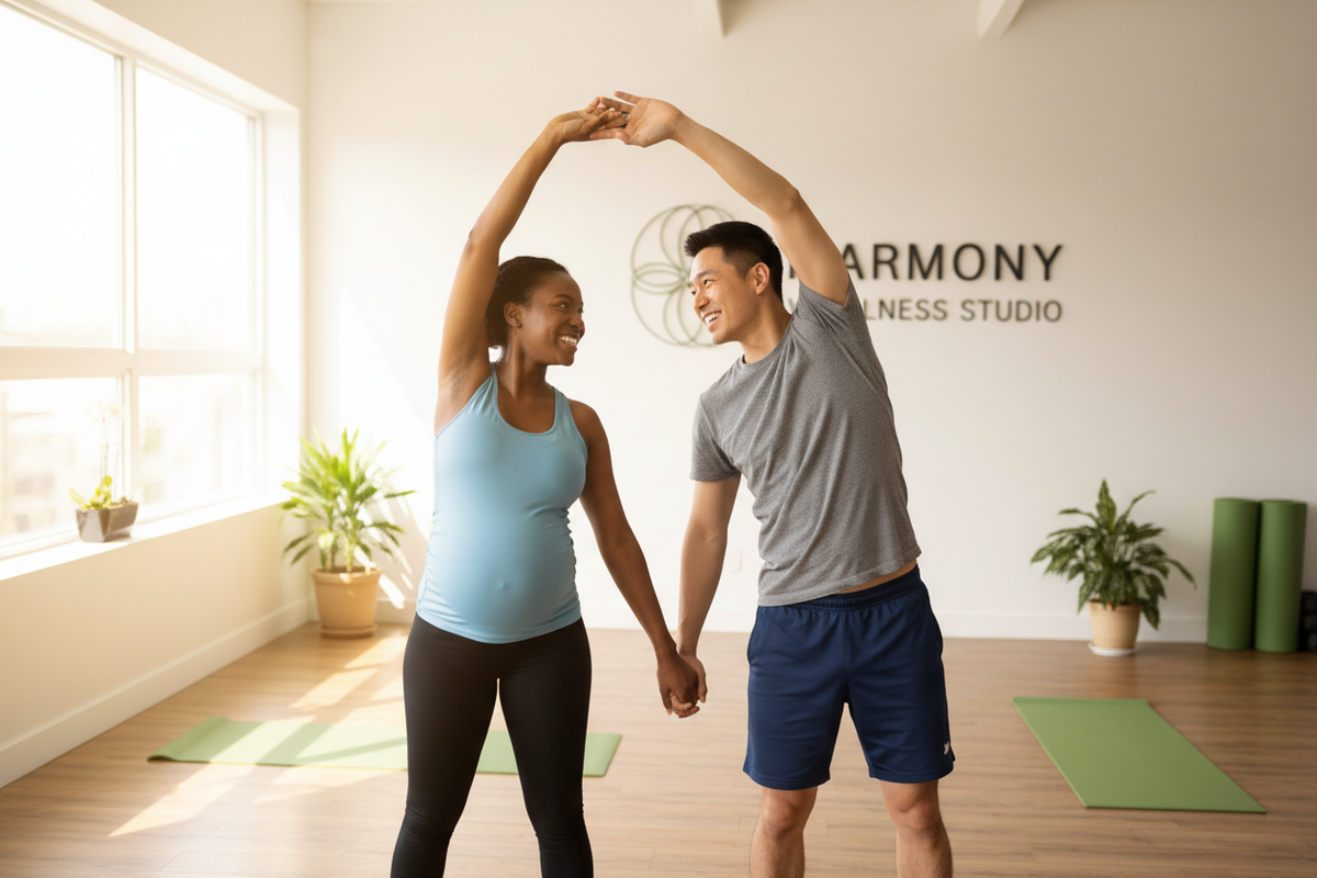 Multicultural couple prenatal workout